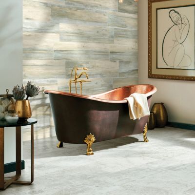 tile flooring in a Oregon City bathroom with copper tub